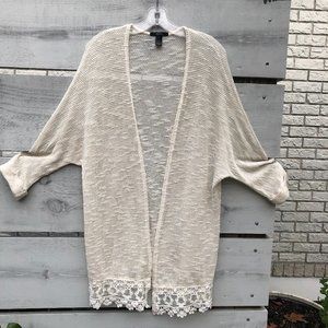 FOREVER 21 Cream Coastal Lightweight Open Crochet Style Lacey Longline Cardigan